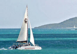 Catamaran on its way Buck Island for a snorkeling tour.