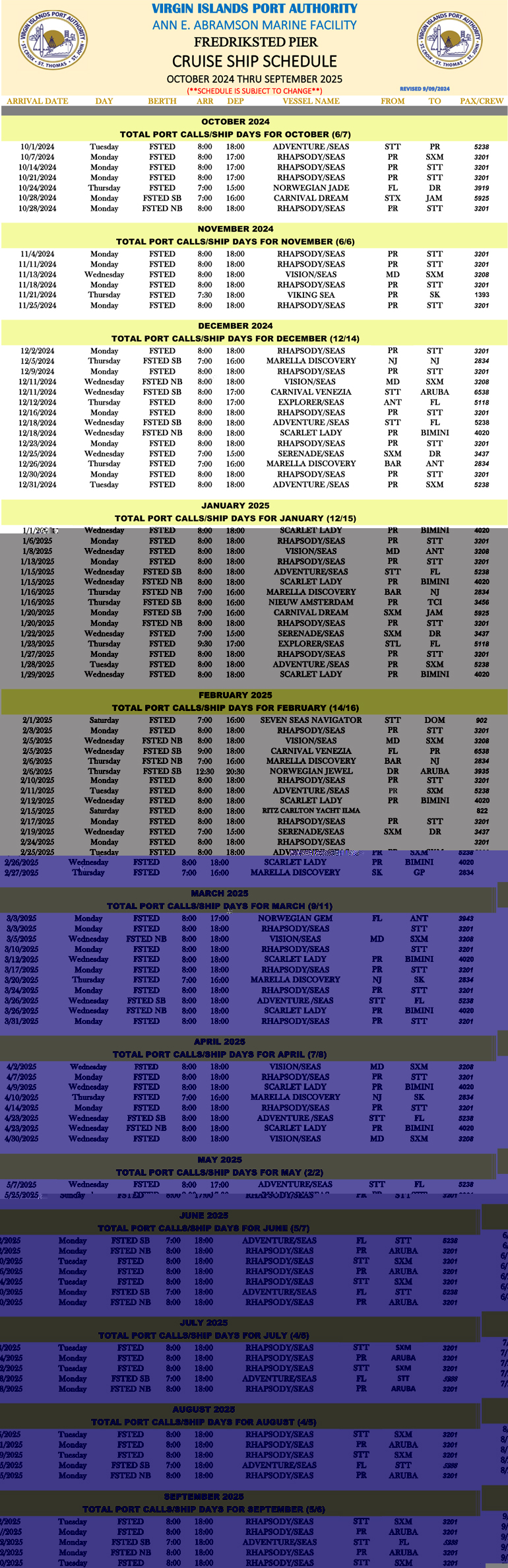 2024-2025 St. Croix Cruise Ship Calendar