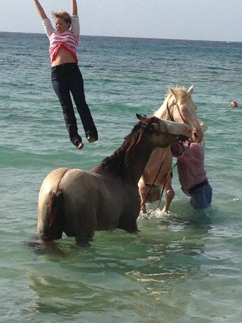 A girl being playfully thrown into the water by a horse.