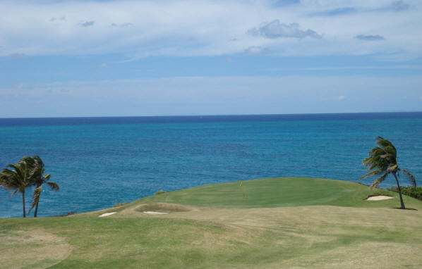 A green surrounded by water at the Buccaneer Golf Course on St. Croix.