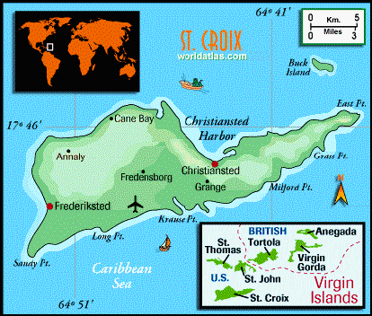 St. Croix, USVI, map showing it's location in the Virgin Islands